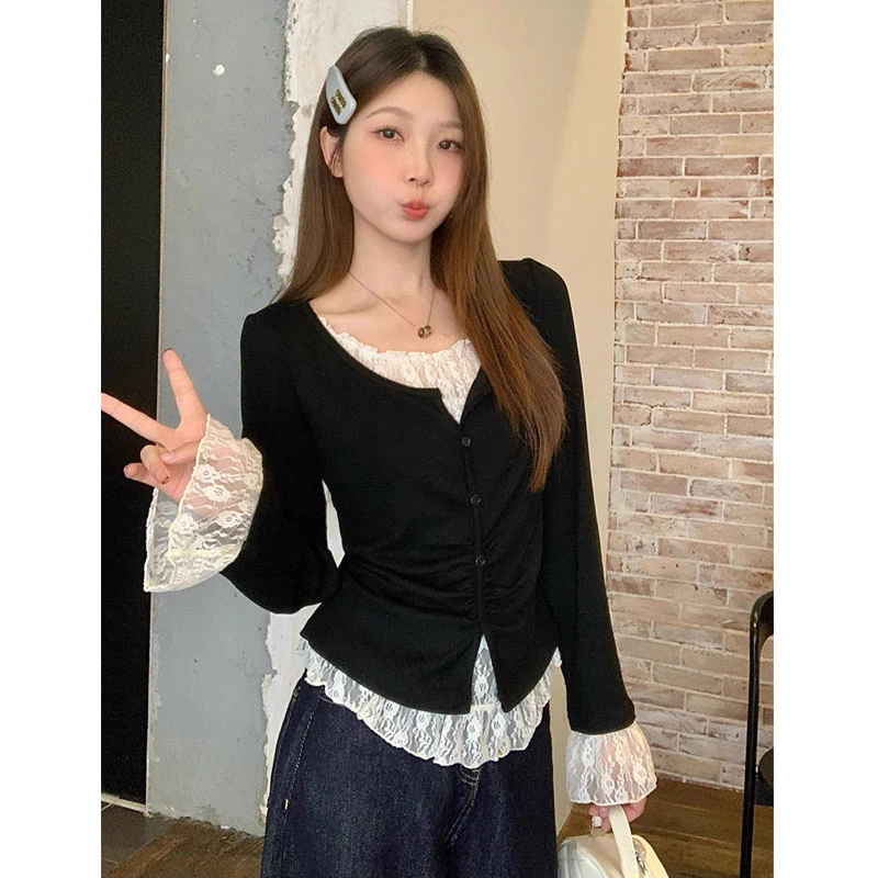 大码复古假两件长袖T恤女秋季遮肉显瘦百搭体恤蕾丝打底衫女上衣