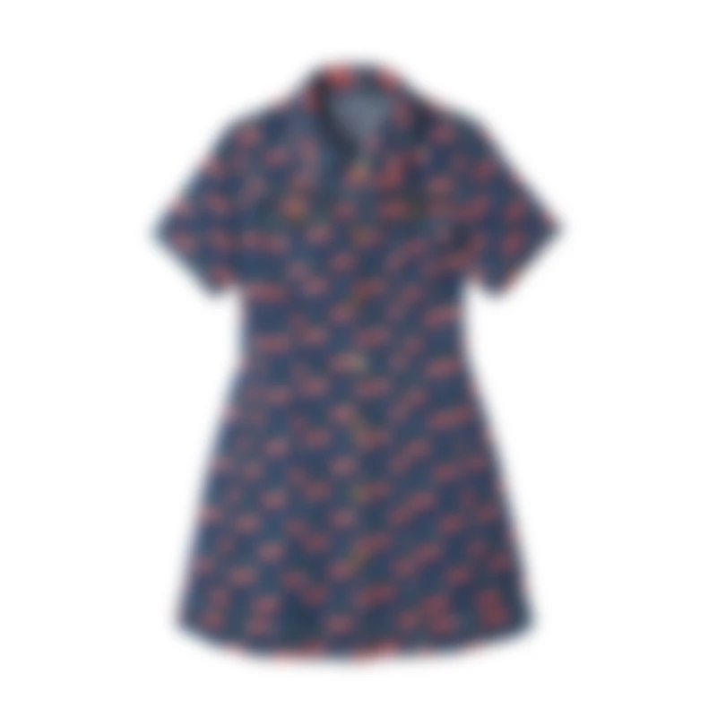 2025复古牛仔樱桃印花连衣裙女翻领短袖收腰A字裙