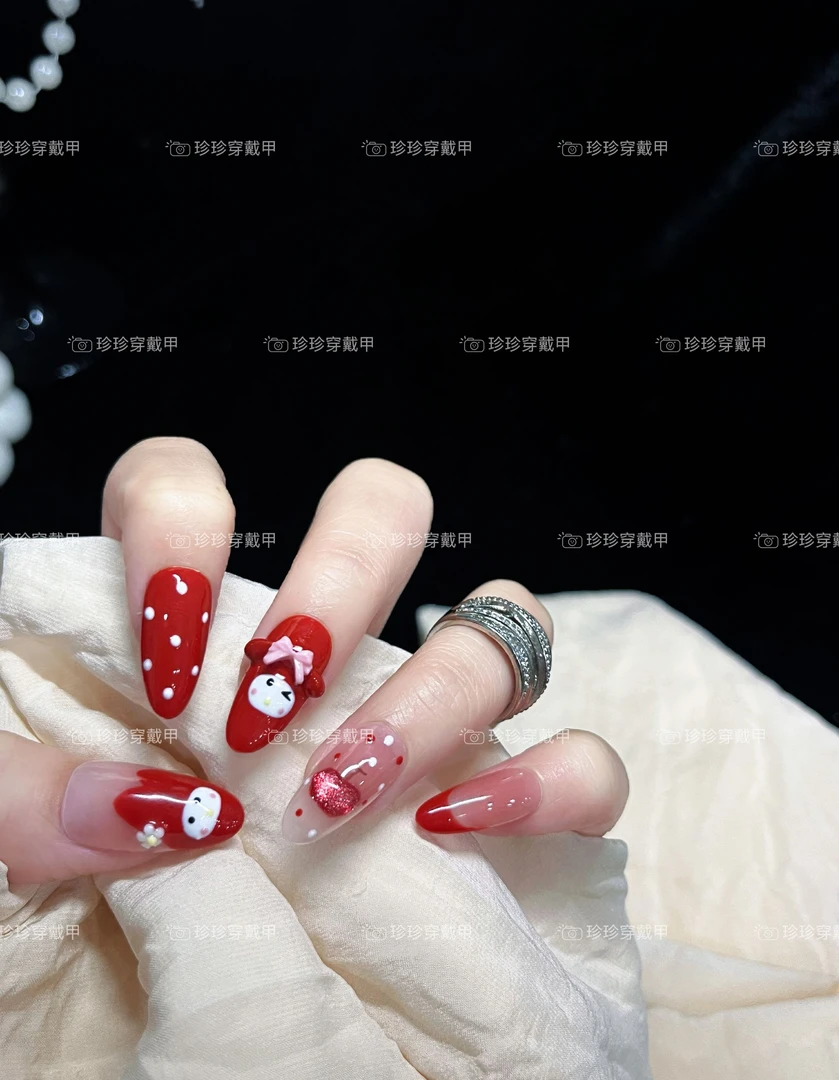 【美乐苹果】珍珍手工穿戴甲可爱童趣手绘美乐波点法式猫眼苹果美甲