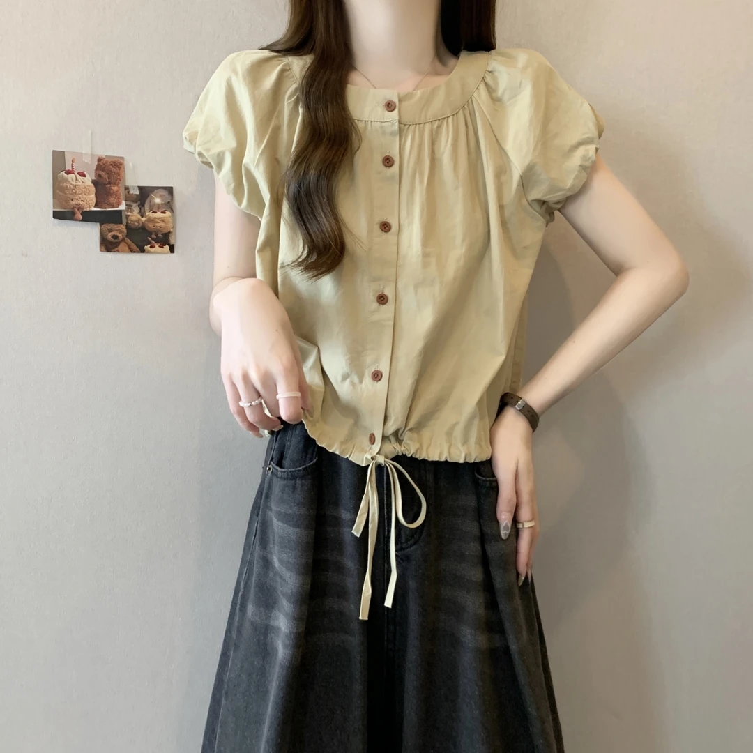 夏季甜美短款泡泡袖衬衣大码修身圆领短袖上衣设计感抽绳韩版小清