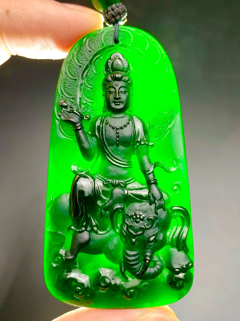 天然翡翠A货墨翠《普贤菩萨》顺丰特快立体雕刻冰透精雕双面