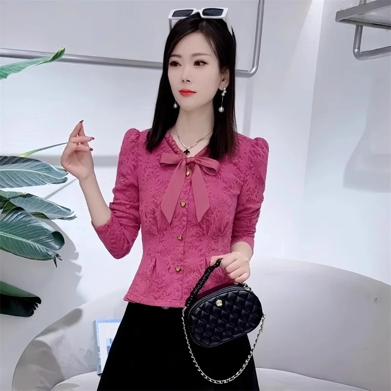 长袖蝴蝶结蕾丝打底衫女士洋气2025年春秋冬季新款时尚小个子上衣