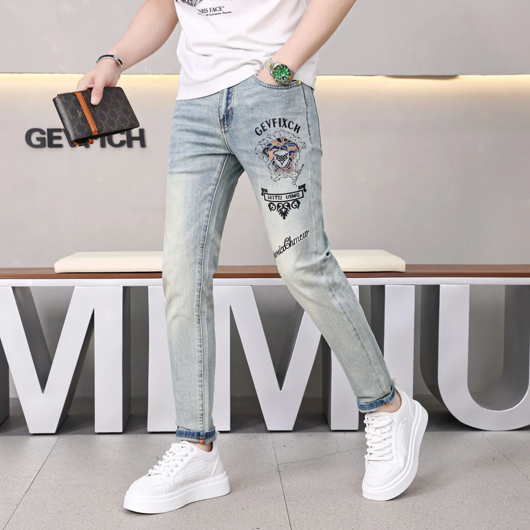 春夏男士潮流牛仔裤时尚印花刺绣个性修身小脚裤百搭夏季薄款男裤