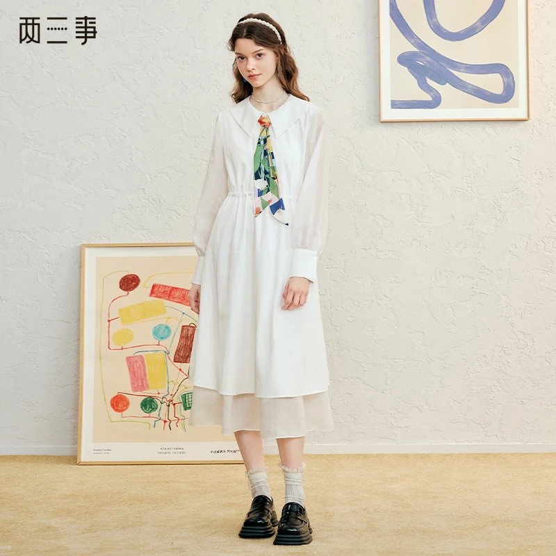 两三事快乐瞬息气质上班族女装新款小香风印花双层裙小白裙连衣裙
