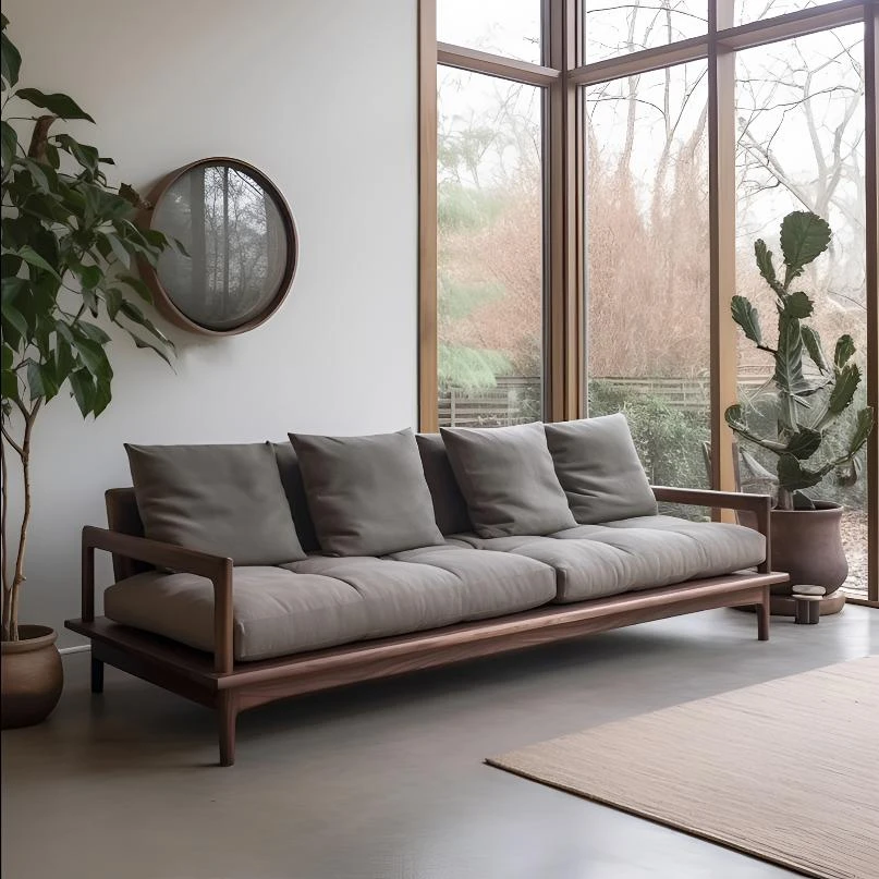 新中式北美黑胡桃木沙发客厅直排三人位小户型别墅极简实木家具