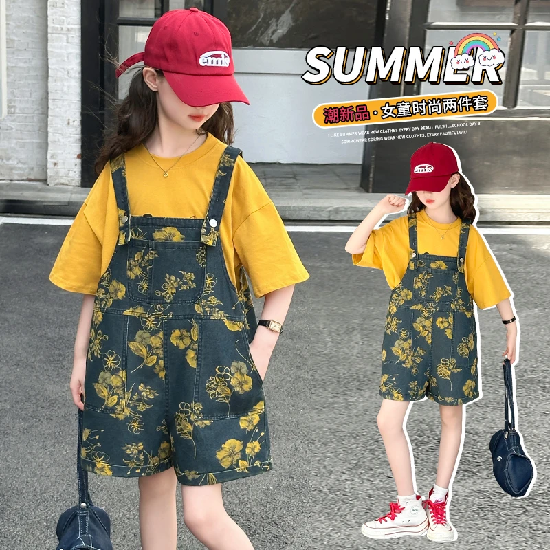 女童短袖背带裤套装夏装新款中大童韩版洋气牛仔背带短裤两件套薄