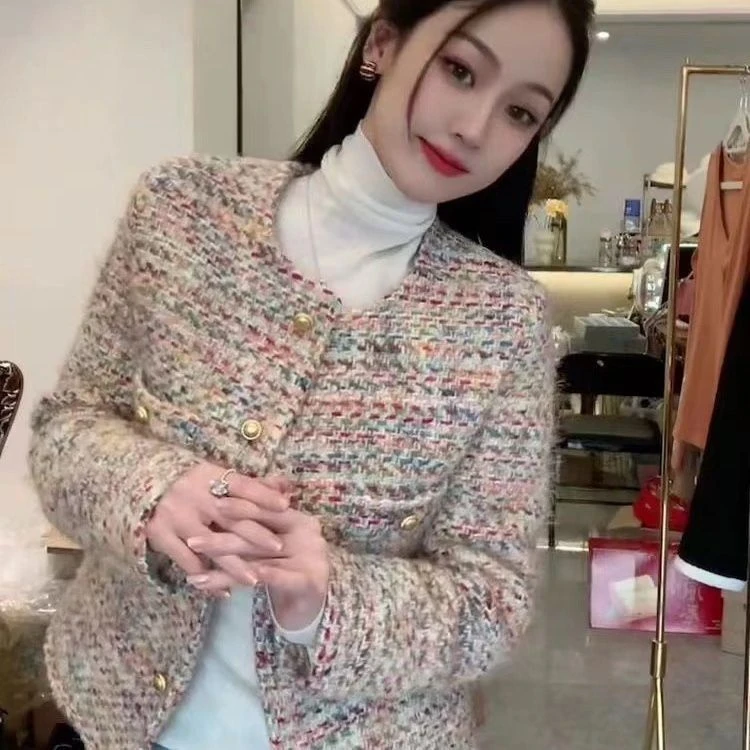 【现货+运费险】彩色粗花呢小香风女法式气质名媛加厚短款外套YY351