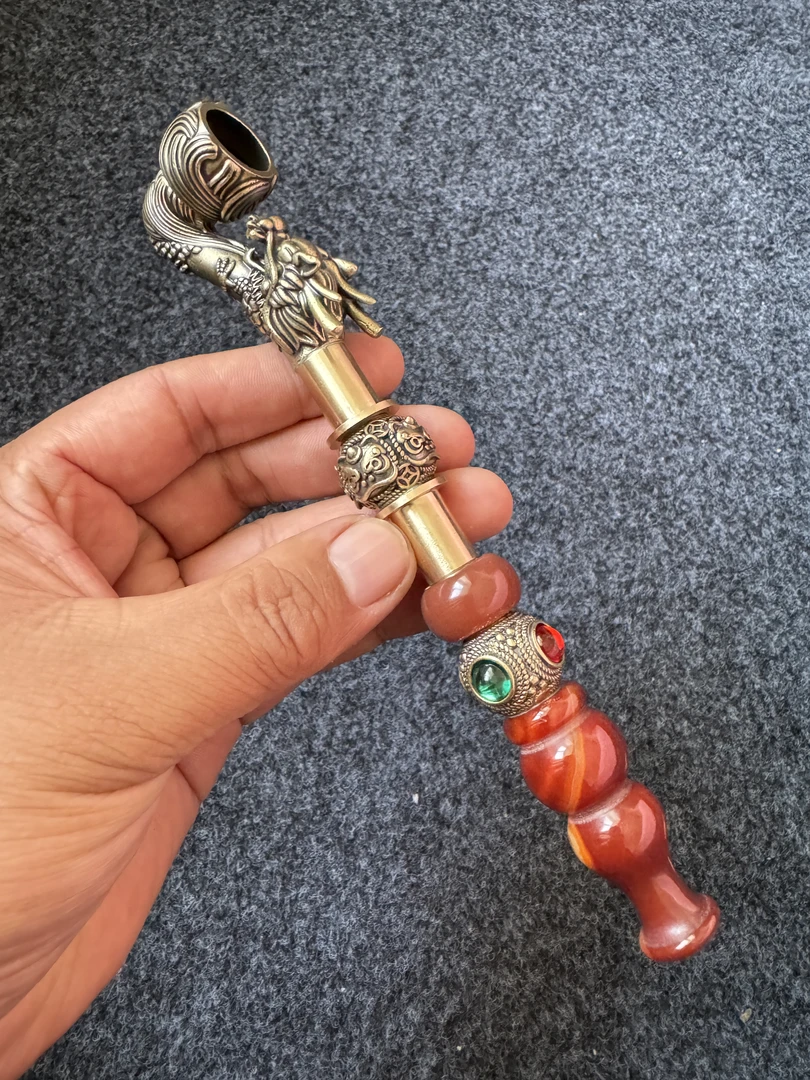 四钻纯铜龙头红玛烟嘴19.5CM复古做旧黄铜烟袋烟斗老式锅旱烟袋子