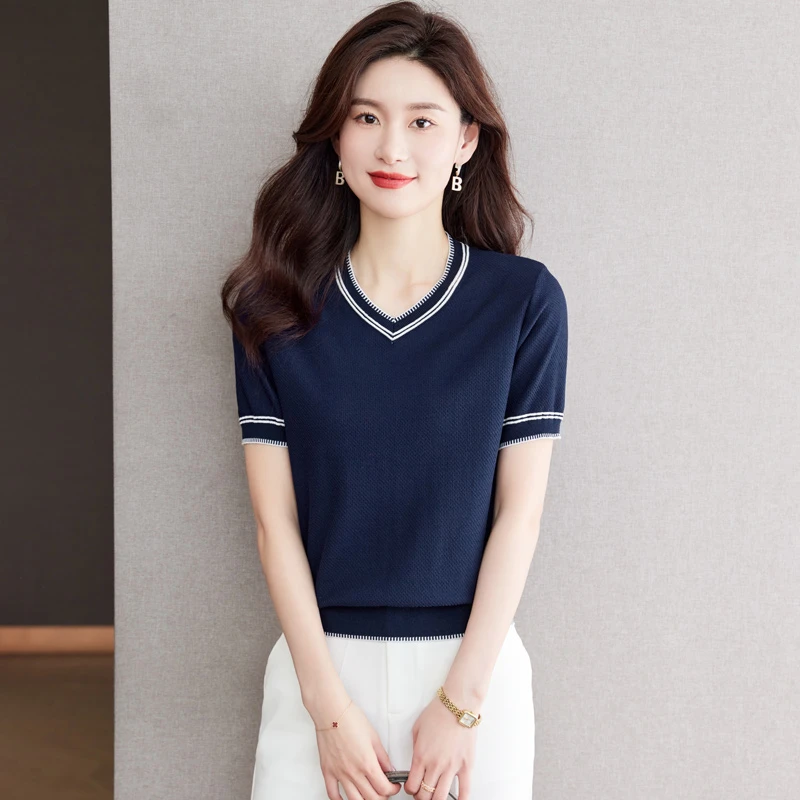 哥弟阿玛施正夏季新款桑蚕丝短袖t恤女v领冰丝针织衫宽松上衣薄款