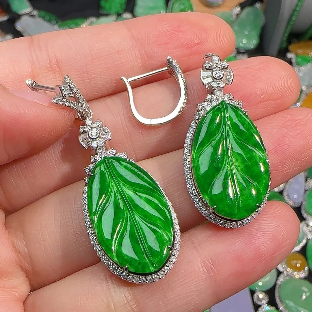 翡翠耳饰18K金镶嵌辣阳绿两用款叶子耳包
