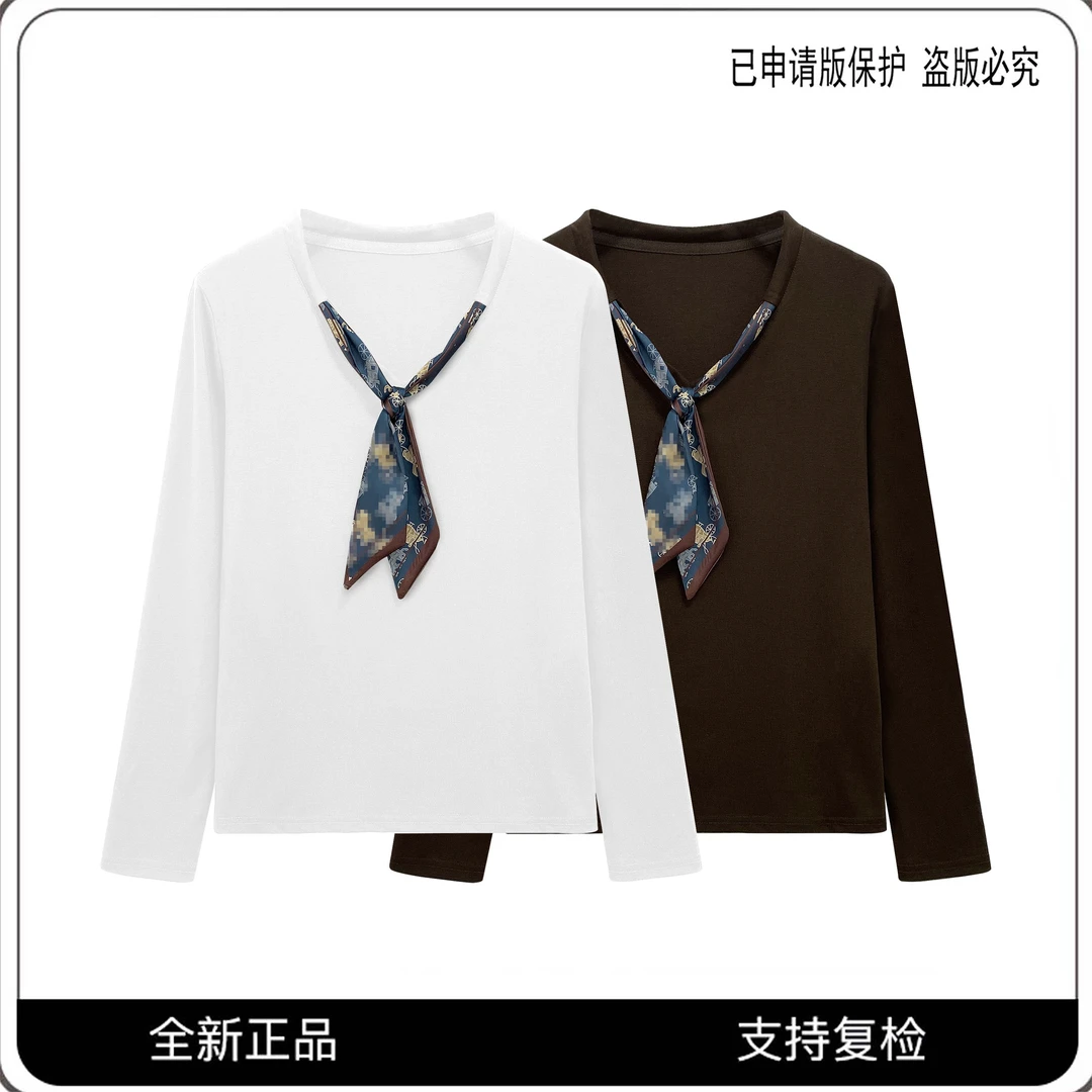 68199#CSIN轻奢丝巾印花V领拼接T恤衫2025秋冬百搭个性潮流上衣