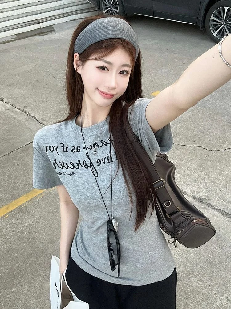 小小日记的店 灰色圆领正肩短袖t恤女夏季新款修身显瘦设计感上衣