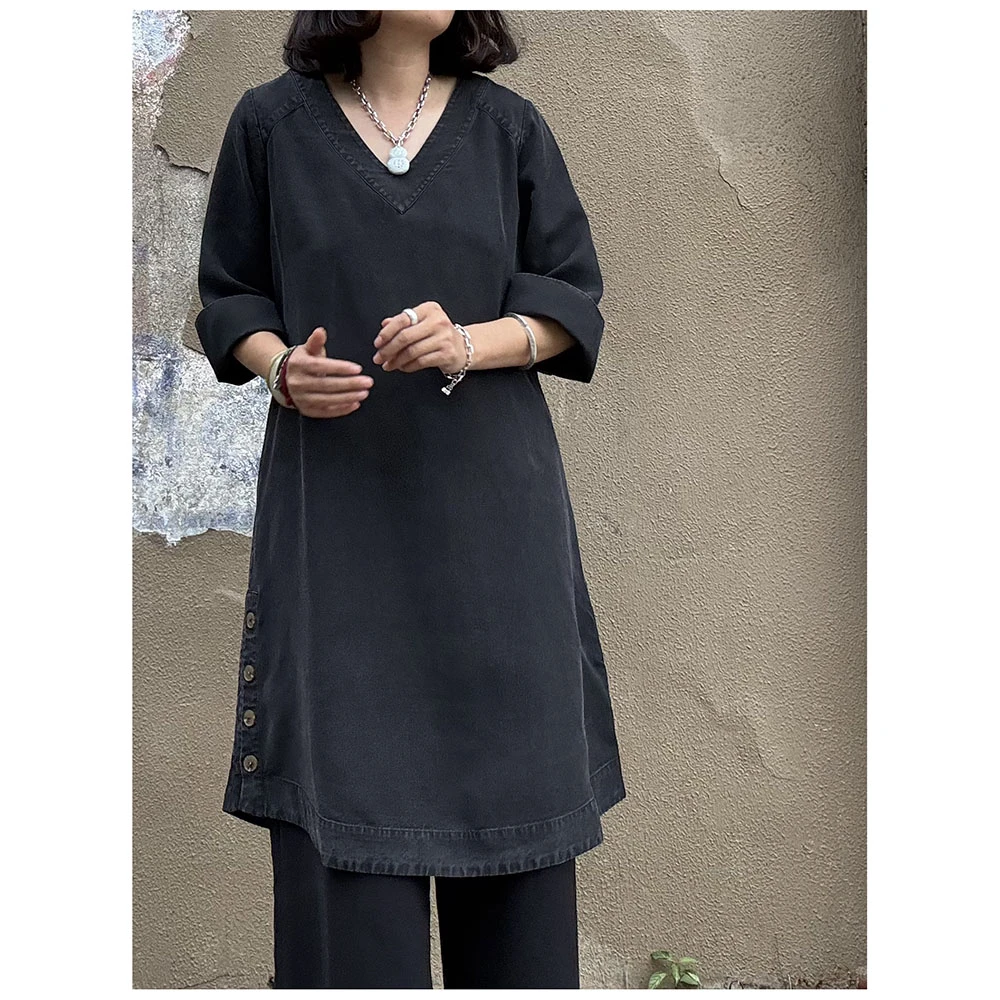 Q133 大码 夏季新款女士宽松中长款V领牛仔连衣裙女