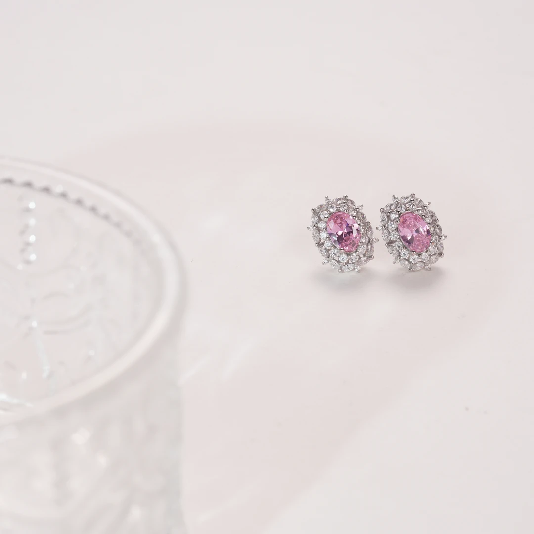 铜合金合成锆石耳饰 铜合金合成立方氧化锆粉色耳饰7179-1耳钉