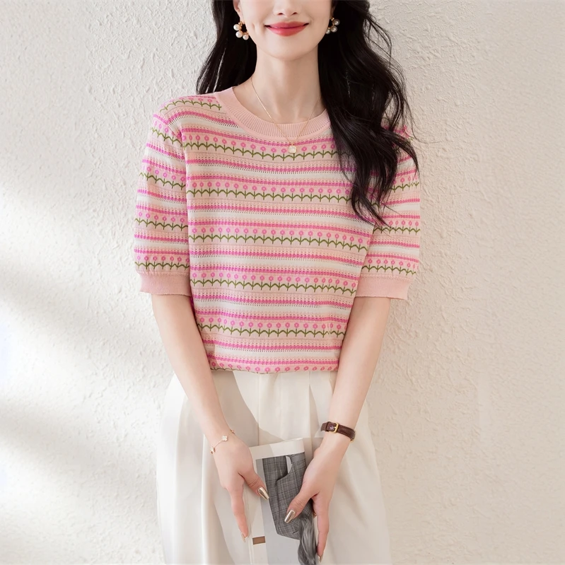 短袖夏季毛针织衫减龄遮肉针织衫百搭圆领薄款镂空显瘦女装