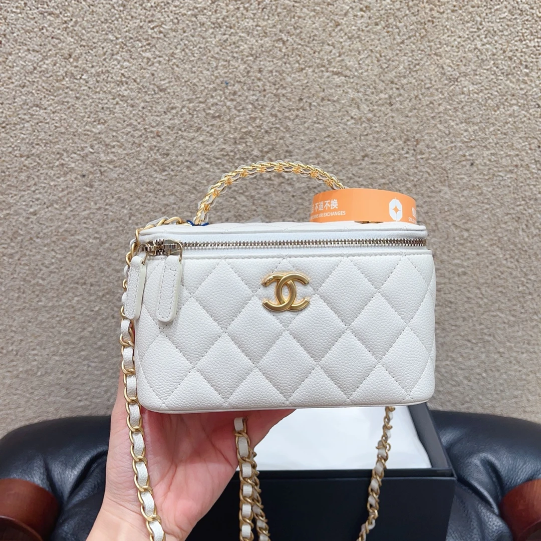 99新 Chanel/香奈儿 白色荔枝牛皮手柄化妆包盒子包31开