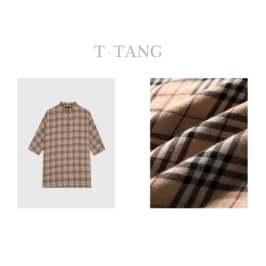 夏季新款双面色织格子时尚休闲复古宽松经典百搭长款衬衫【6901】88