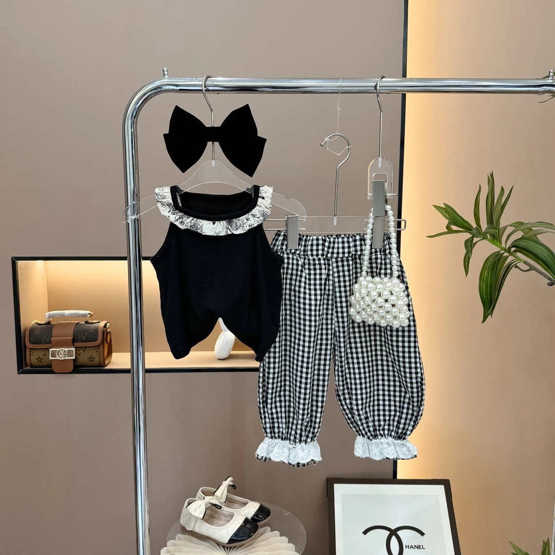 2025夏款新品韩版娃娃领T恤格子裤套装时尚洋气女小童网红时髦