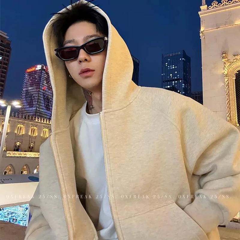 OXFREAK 「niu 简约廓形」重磅空气层开衫连帽卫衣男短宽款外套