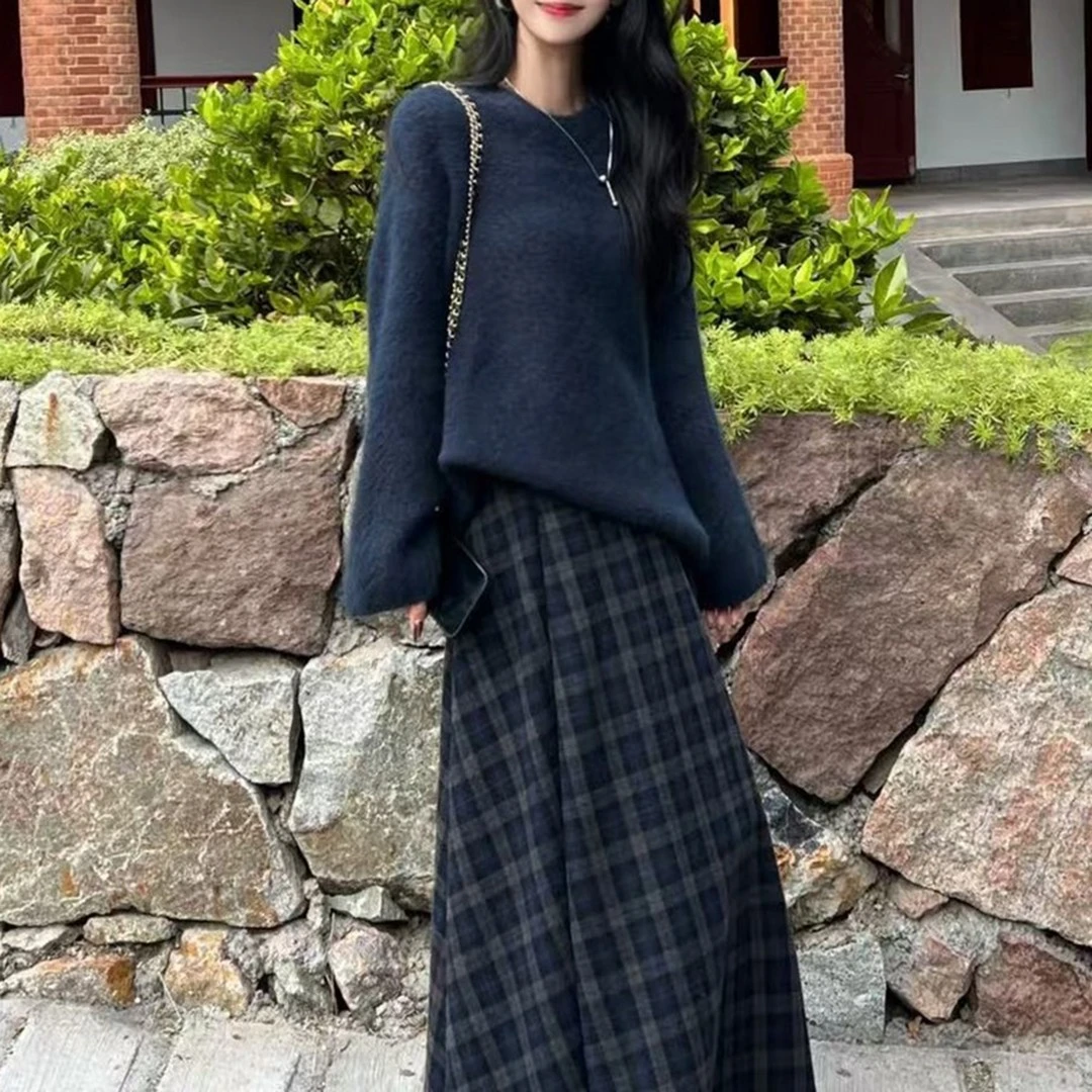 温柔风秋冬套装女慵懒风软糯针织衫毛衣上衣高腰格子半身裙两件套