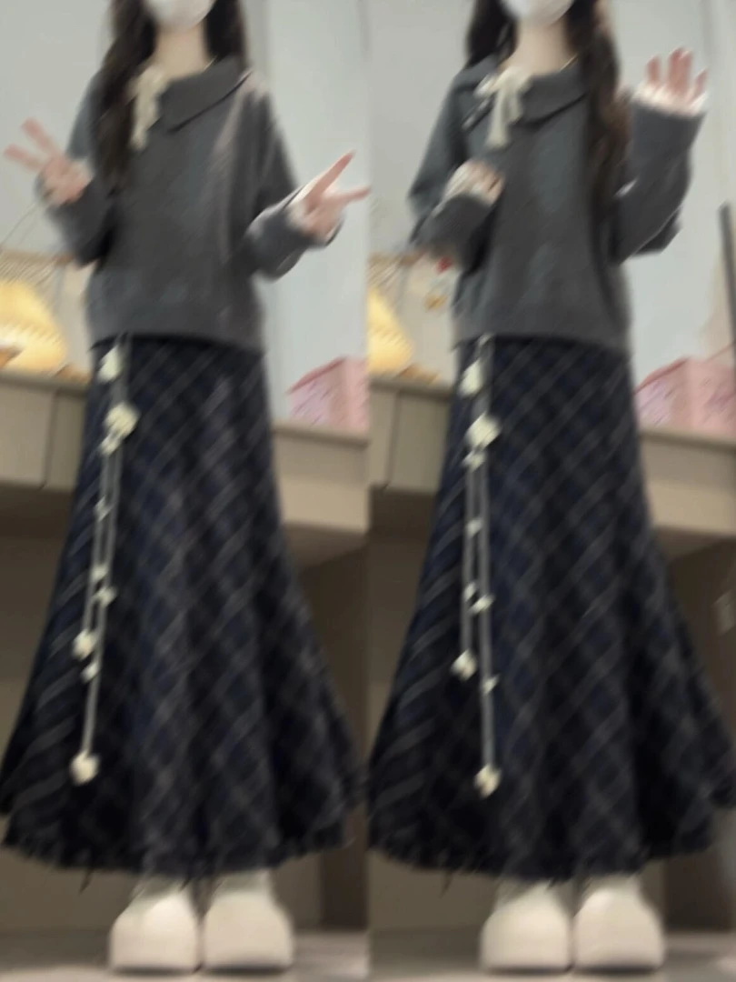 2025秋季韩系灰色翻领拼接蕾丝长袖针织上衣高腰格纹半身裙两件套