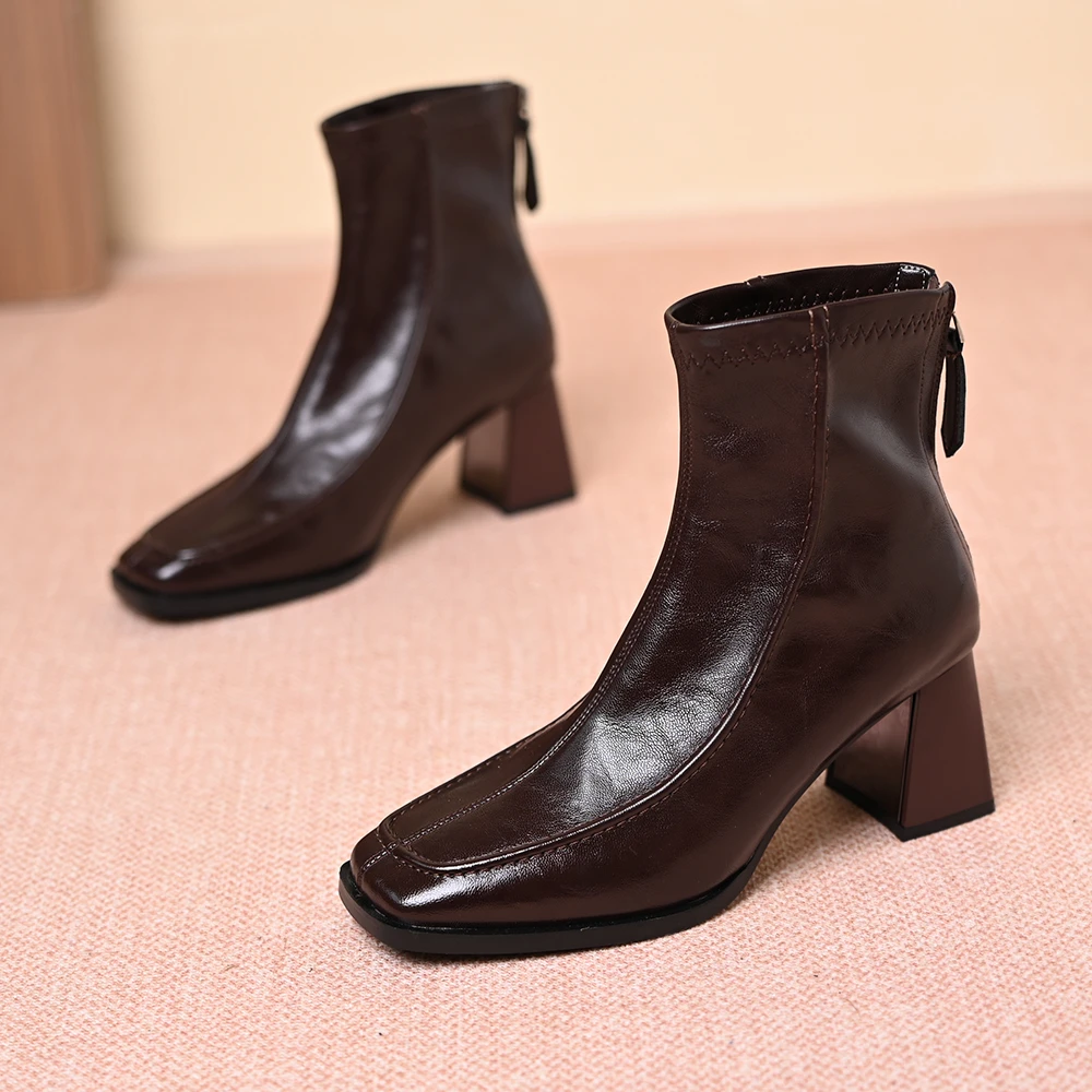 英伦时尚后拉链高跟女靴方头粗跟短靴中跟休闲百搭女士弹力瘦瘦靴
