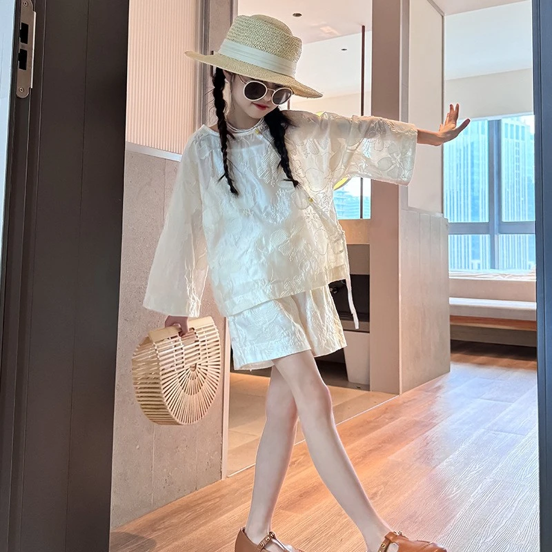 女童套装夏季2025新款韩版刺绣国风防晒上衣洋气短裤中大童三件套
