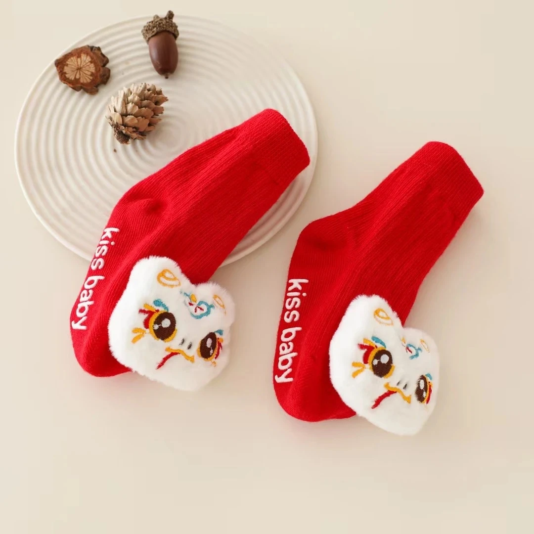 2025婴儿中国风红色针织中筒防滑袜子婴儿喜庆满月周岁百天G572