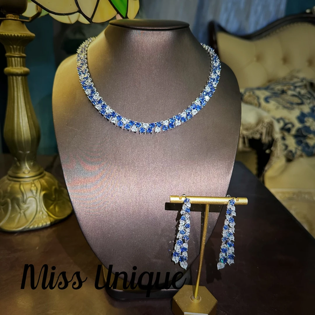 S6713双层蓝色爱心项链套装