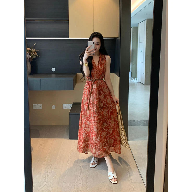 XINYI【炽热夏花】夏季苎麻印花挂脖连衣裙X625Q12111/X625P12299