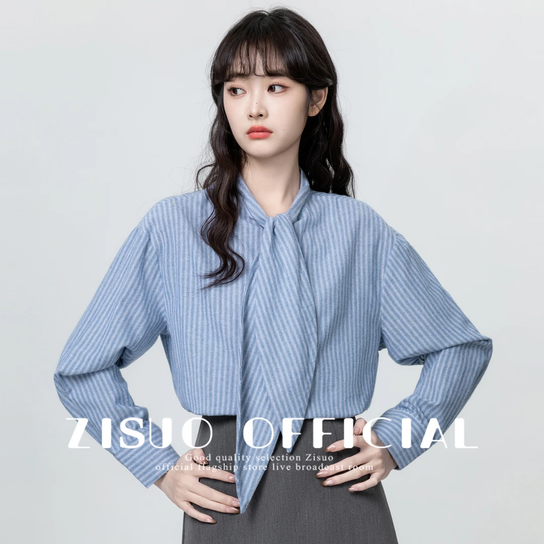 蓝色条纹磨毛长袖衬衫女2025春秋新款设计感宽松系带衬衣别致上衣