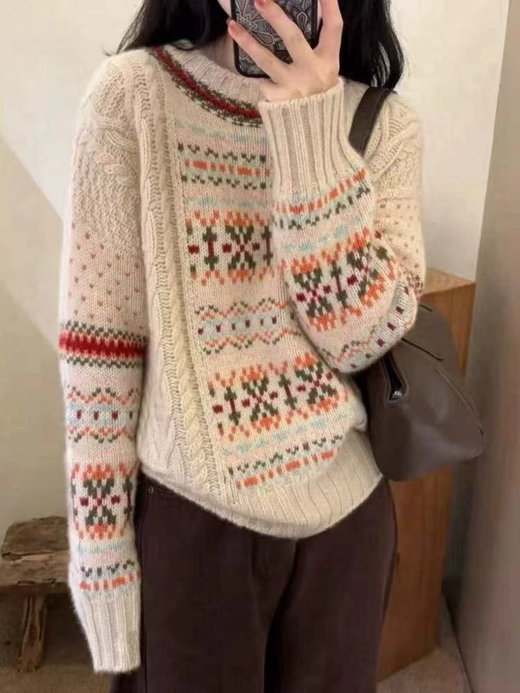 ZN-686欧货重磅加厚圆领羊毛衫慵懒冬季提花时尚全羊毛针织打底衫