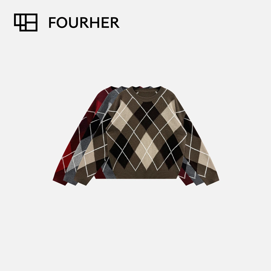 FOURHER 菱格巴洛克 男女同款 绅士学院 撞色复古荃毛毛衣