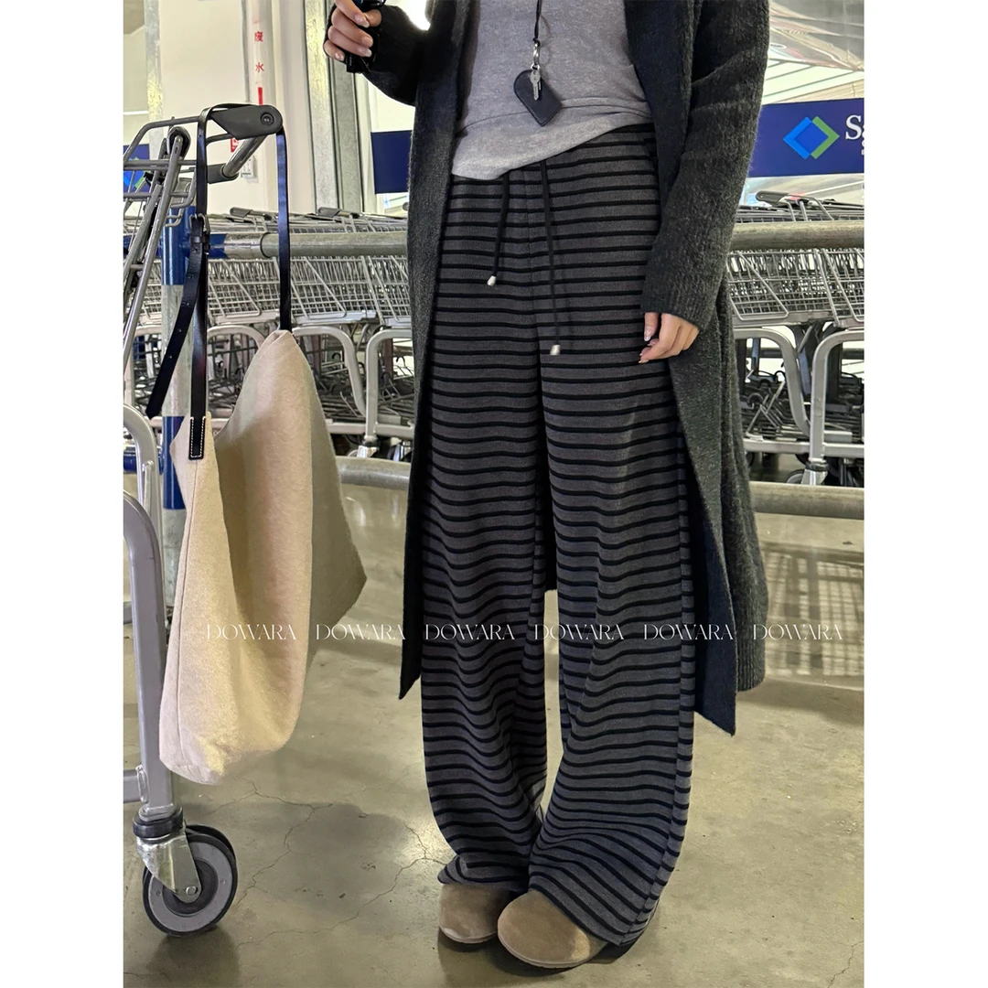 大婉酱微胖定制【巴赫G弦乐】慵懒风条纹加绒加厚百搭休闲裤子0342D