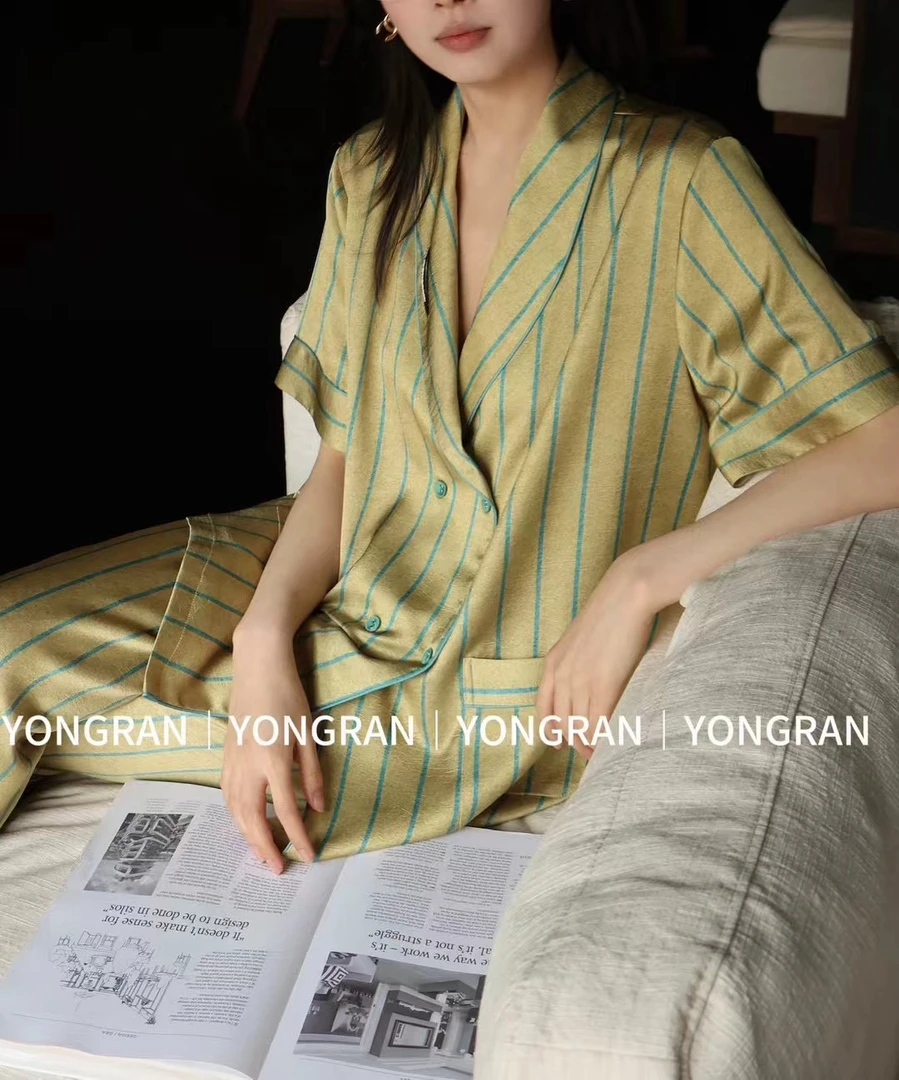 言子甄选—2025春夏丝质时尚短袖长裤睡衣套装家居服可外穿