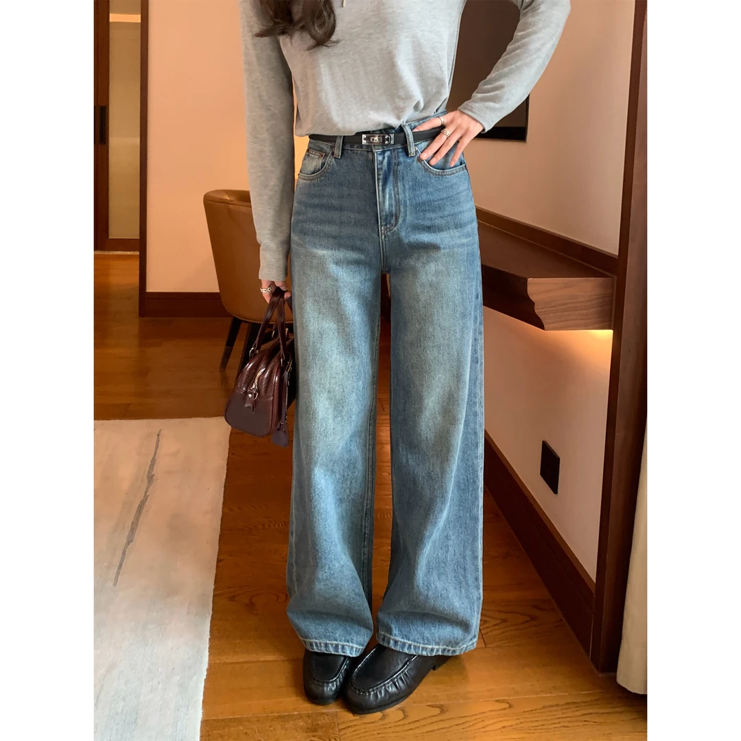 pusumede雅丹都市 美式复古直筒裤牛仔裤女阔腿休闲长裤PSNK30980