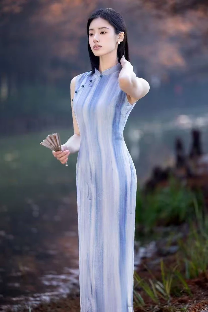 旗袍低开衩新中式无袖风网红复古渐变夏季显瘦长款气质