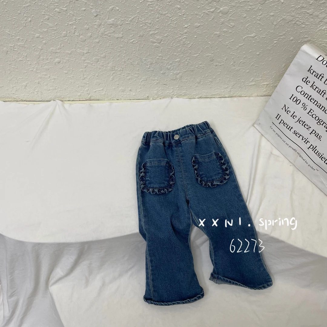 小熊妮  牛仔裤春季新款洋气女宝韩版直筒裤时髦阔腿裤微喇62273