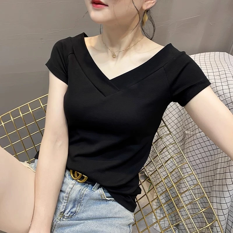 黑色双V领短袖T恤女2025新款夏季棉质半袖性感低领露背紧身上衣潮