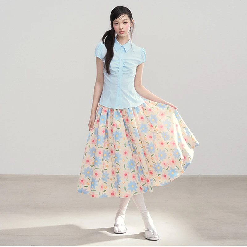 ANNA CUTE 泡泡袖翻领蝴蝶结系带衬衫+多彩碎花百搭半身裙女