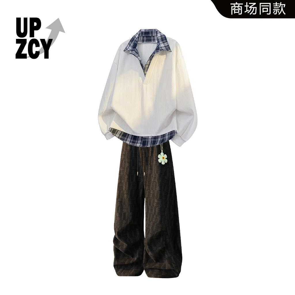 UPZCY美式提花假两件卫衣套装男秋季宽松时尚痞帅潮流挂饰休闲裤