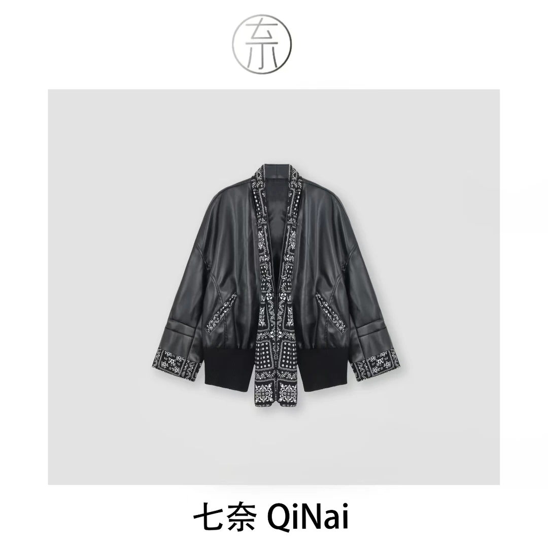 七七推荐 【S】V领配丝巾个性高级感皮外套QN6730