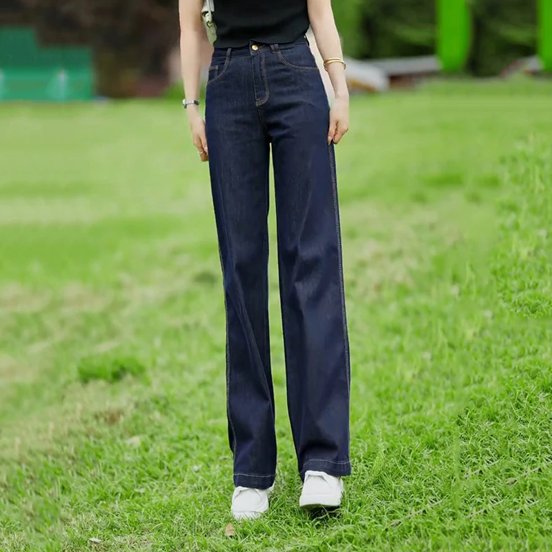 深蓝色薄款天丝阔腿牛仔裤女2025夏季新款高腰显瘦宽松流行直筒裤