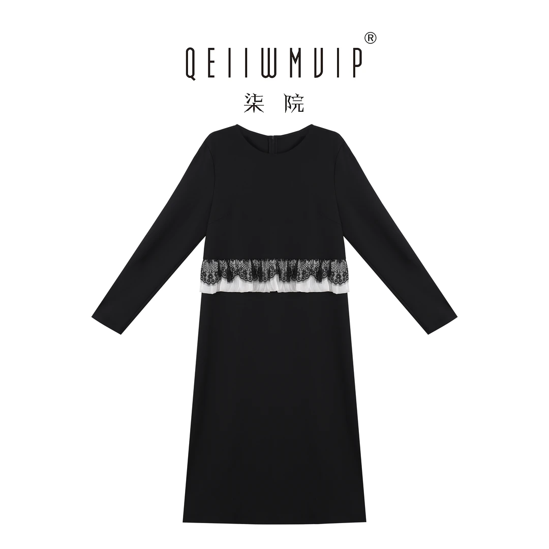 QEIIWMVIP/柒院秋季法式拼接气质宽松高级时尚显瘦长袖连衣裙7338