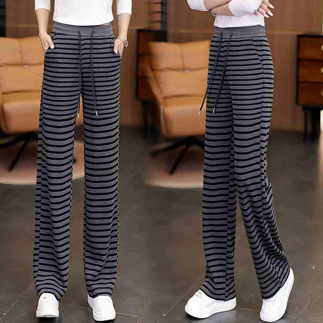 高腰透气阔腿裤显瘦弹力休闲裤春夏休闲宽松慵懒风条纹拖地长裤