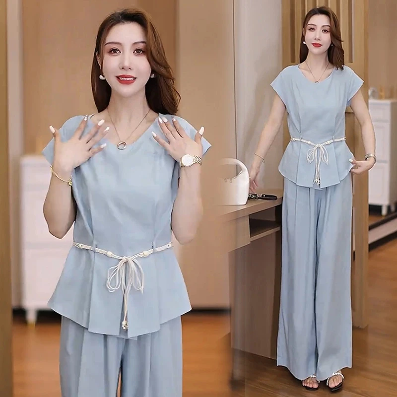 【赠运费险】韩系休闲简约套装慵懒风松弛收腰上衣宽松阔腿裤两件套