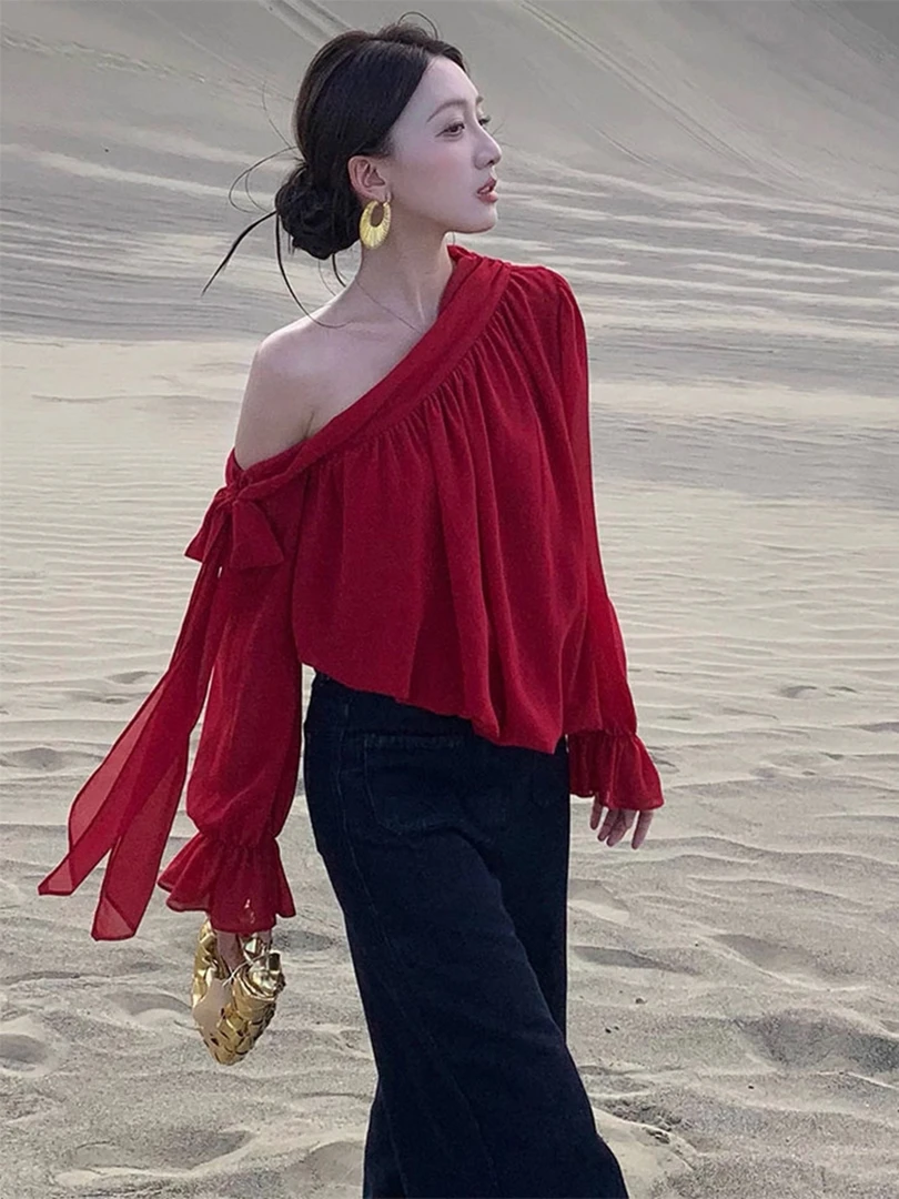 夏季流行多巴胺绝美漂亮上衣气质高级感御姐风情万种红色露肩衬衫