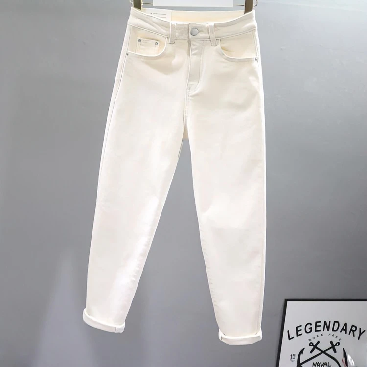 米白色牛仔裤秋冬女款2025加绒加厚哈伦裤高腰宽松显瘦大码老爹裤