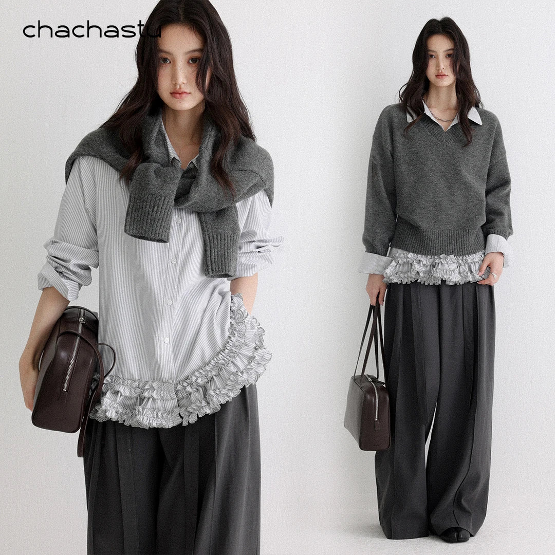 CHACHASTU【衣橱】多层木耳边裙摆设计 叠穿出片淡条纹衬衫H4332W
