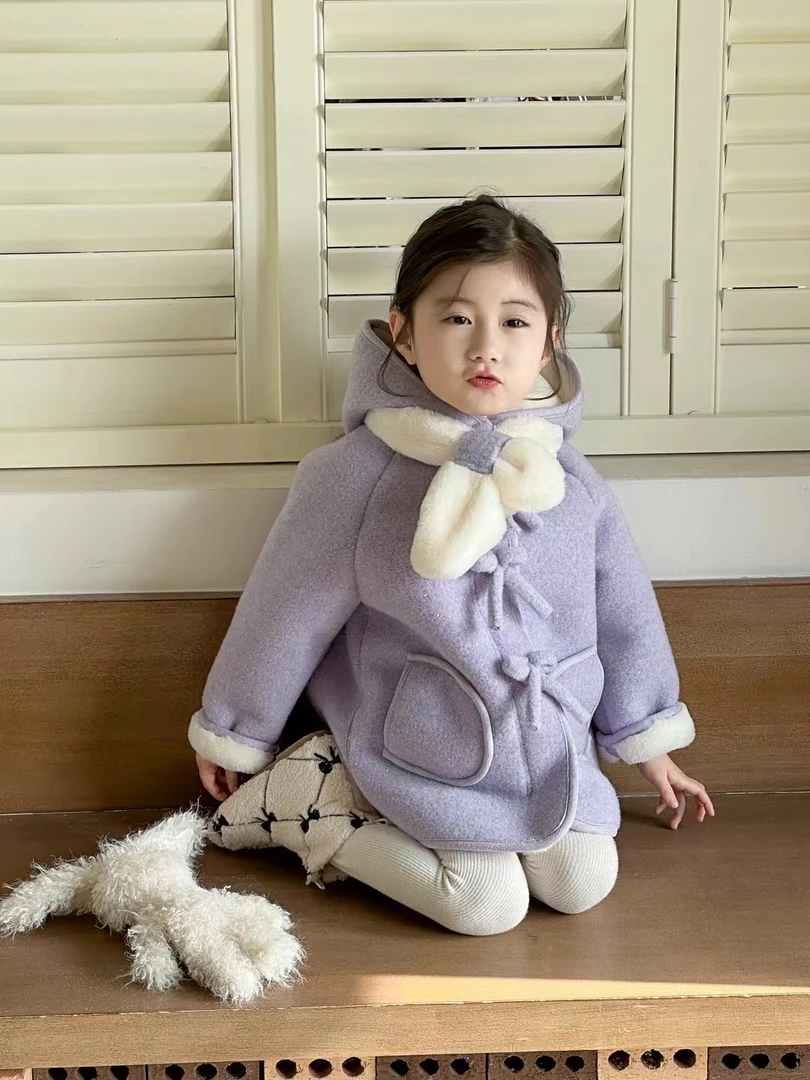 蝴蝶结女童加绒加厚年款毛呢外套洋气可爱女宝宝拜年服【尺码偏小】